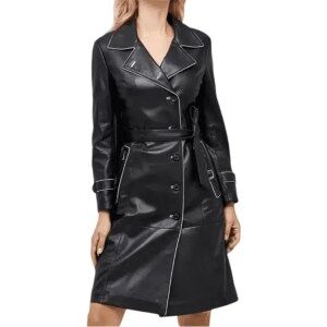 Anastasia Women’s Black Leather Double Breasted Trench Coat Front Buttoned side