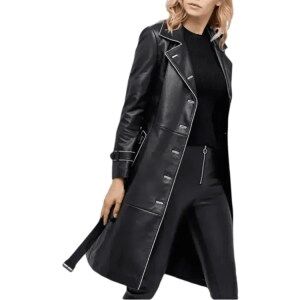 Anastasia Women’s Black Leather Double Breasted Trench Coat Front Shoulder Side